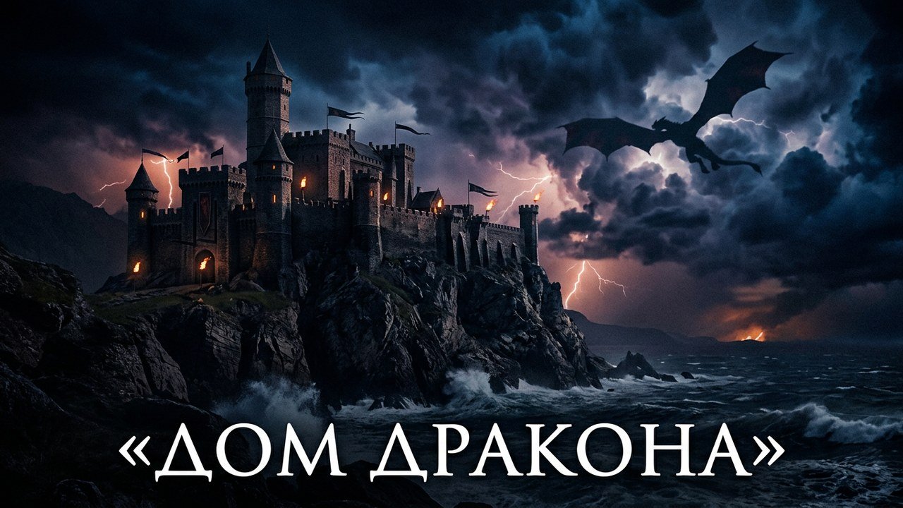«Дом Дракона» 3 сезон (2026) — сюжет, сколько серий, где смотреть Средневековый замок на скале с драконом в грозовом небе — постер сериала «Дом Дракона»