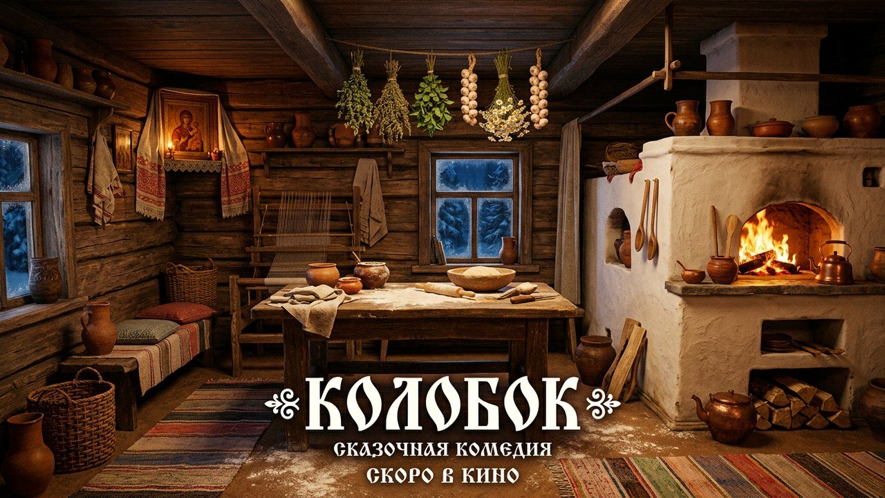 Русская печь и стол с мукой в старинной избе — постер фильма «Последний богатырь. Колобок»